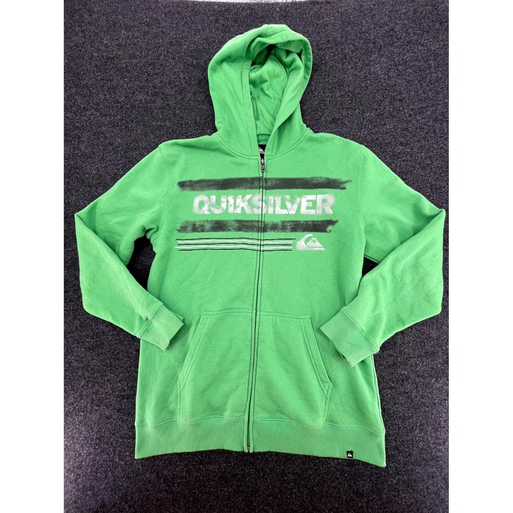 Y2K Quiksilver Hoodie Men XL Green Cotton Graphic Surf Skate Sweatshirt Full Zip
